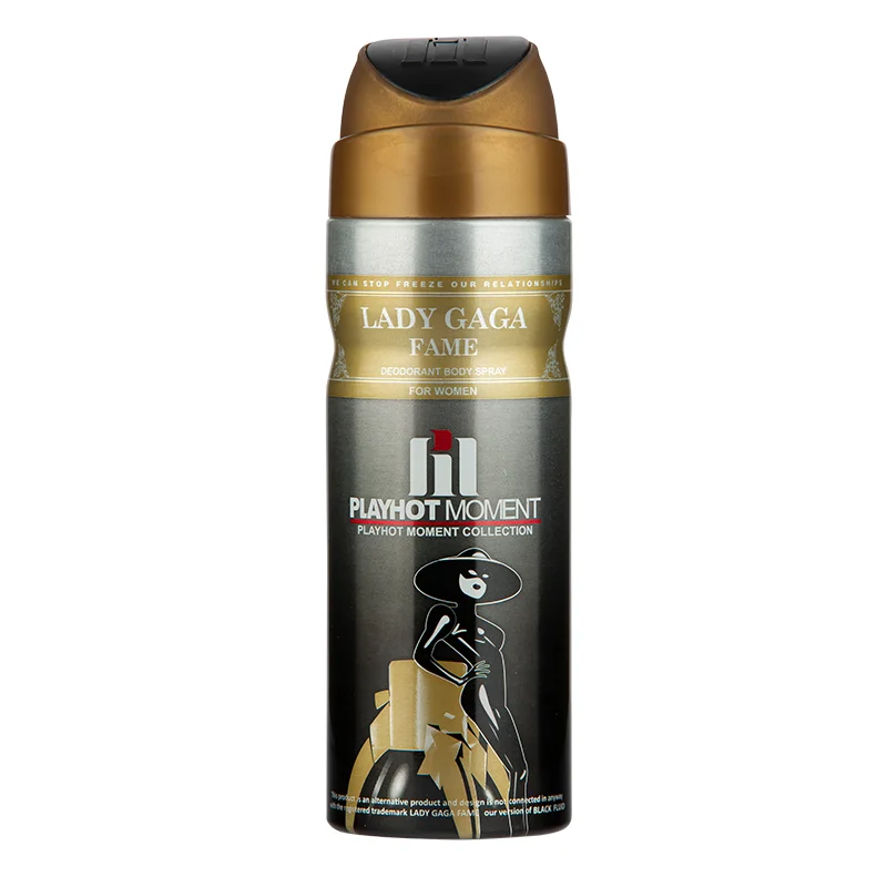 اسپری خوشبو کننده بدن پلی هات مومنت مدل LADY GAGA FAME BALCK FLIUD مناسب بانوان حجم 200 میلی لیتر